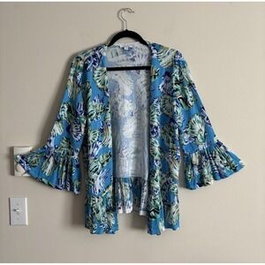 Chicos 1 Medium Tropical Seashell Cardigan Flare Sleeve‎ Preppy Coastal
